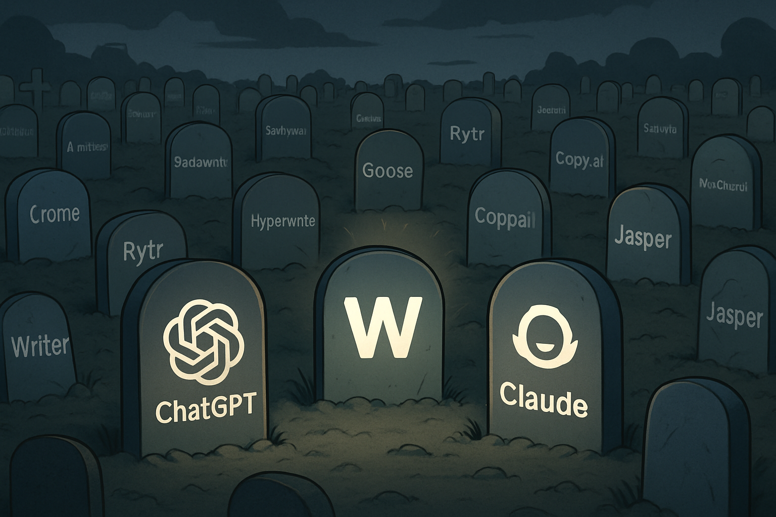 A graveyard of logos for useless AI writing tools, with three shining survivors.